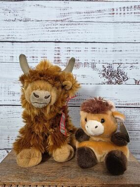 Palm Pals & Faithful Friends Highland Cow Plush Lot Brown Shaggy Farm Plush